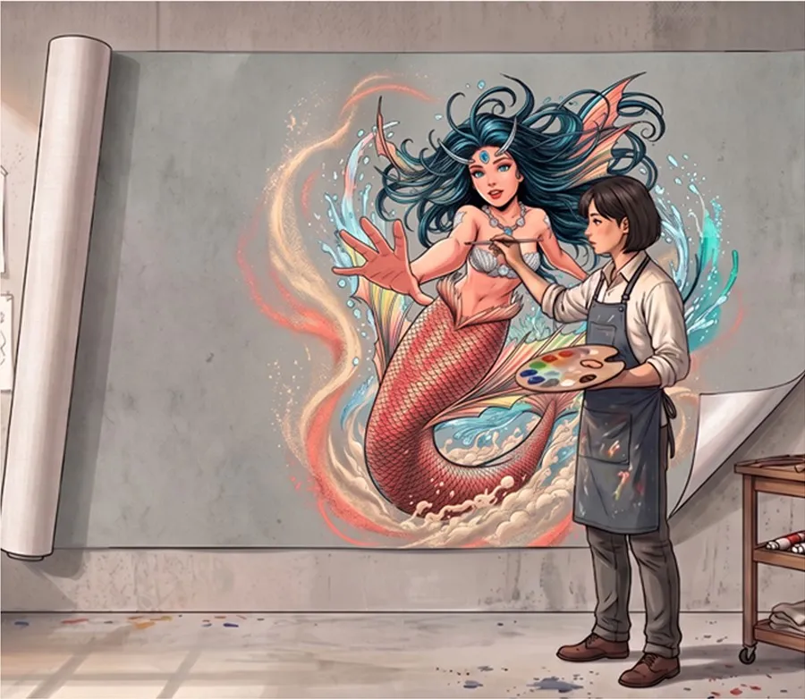 Illustration: the artist painting a mural on canvas in the studio