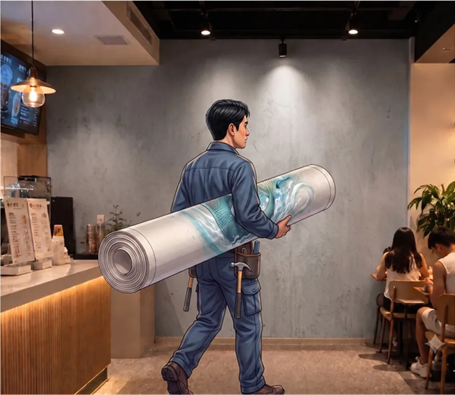 Illustration: a worker carrying the rolled canvas into a restaurant