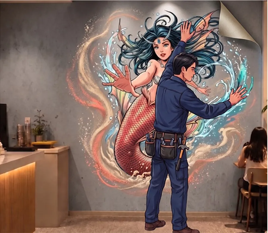 Illustration: an installer applying the mural to the wall
