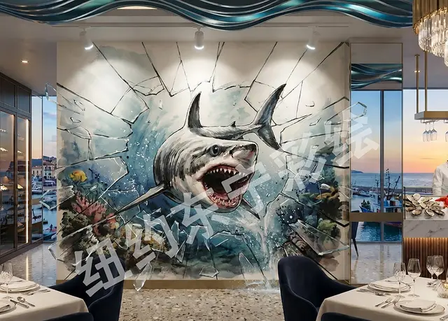 3D shark breaking through the wall