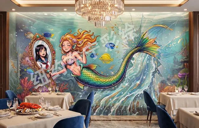 Mermaid mural under the chandelier